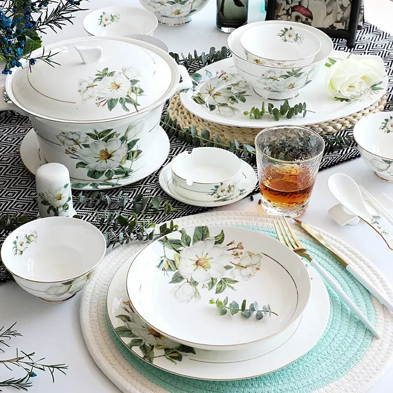 Vaisselle en porcelaine d'os, bols de riz en céramique pour la maison, plats, Pots à soupe, assiette profonde, assiette plate à Steak, vaisselle florale