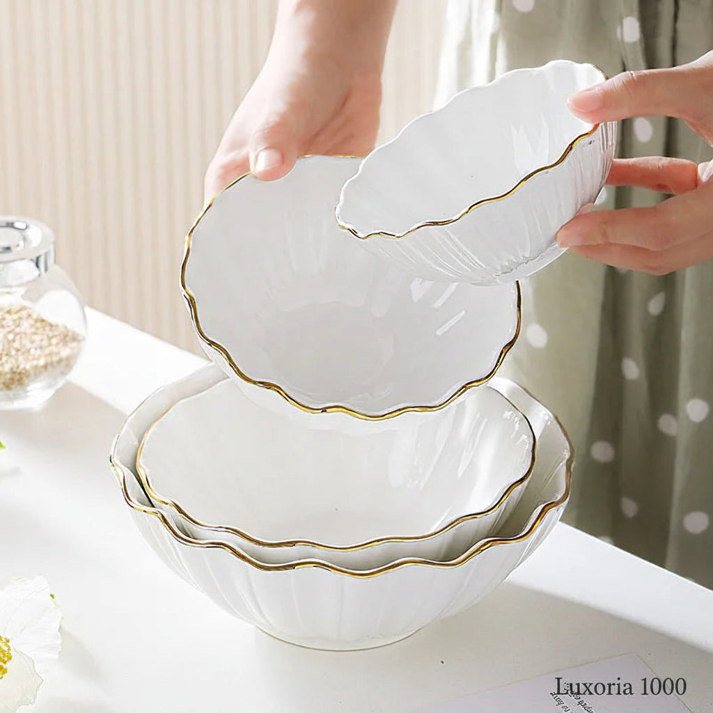 Filles en céramique européen haut de gamme à bords dorés, bol à salade de fruits, bol à riz domestique pour petit-déjeuner, vaisselle d'hôtel et de restaurant