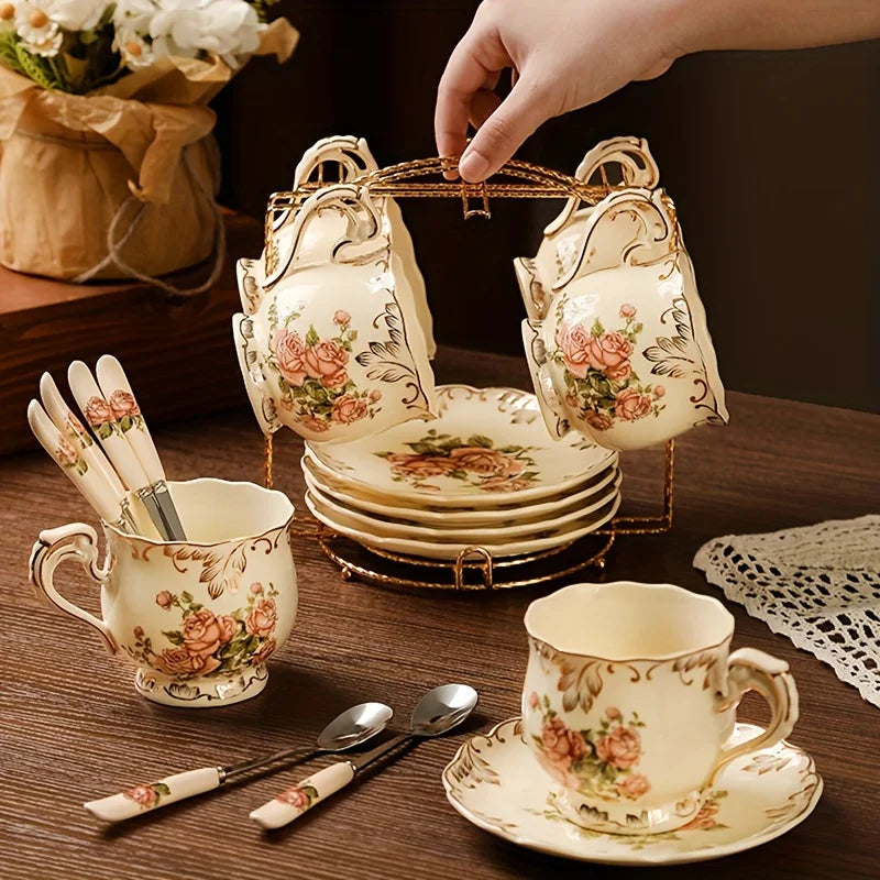 Ensemble de tasses à thé et soucoupes à arbustes fleuris, service à thé, ensemble de tasses à thé florales en céramique ivoire avec support doré, ensemble de tasses à café