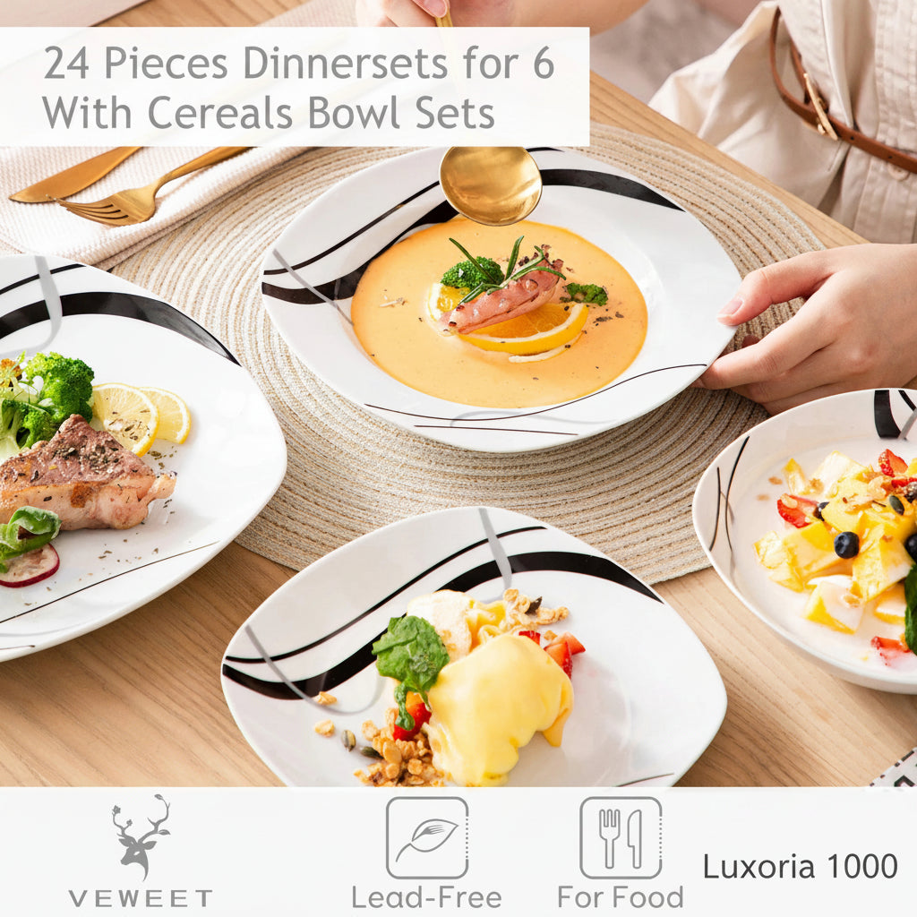 VEWEET FIONA-Service de vaisselle de cuisine en porcelaine, 18/36 pièces, en céramique, ligne noire, avec quePlate, dessert, soupe