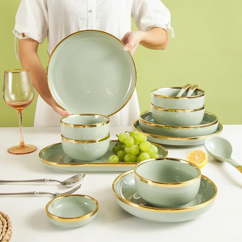 Assiettes en céramique vert clair, ensemble de vaisselle pour Steak, bol Ins, plats à dîner, vaisselle en porcelaine pour hôtel familial