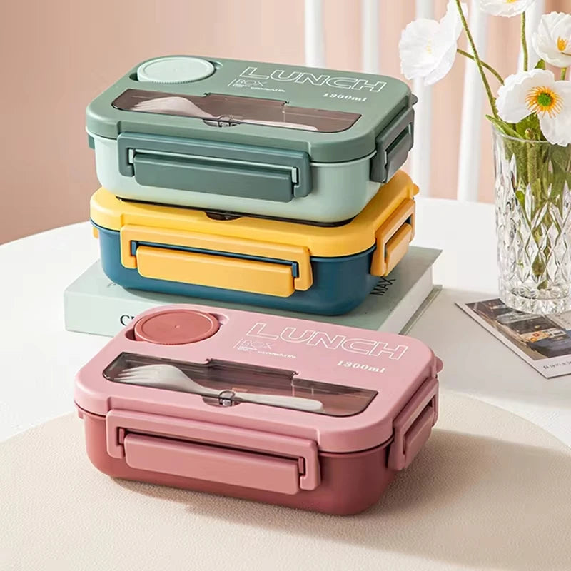 Boîte à lunch avec ustensiles de cuisine, micro-ondable, lave-vaisselle, livres, bento hermétique, étudiants, adultes, école, bureau, 1300ml, 4 grilles