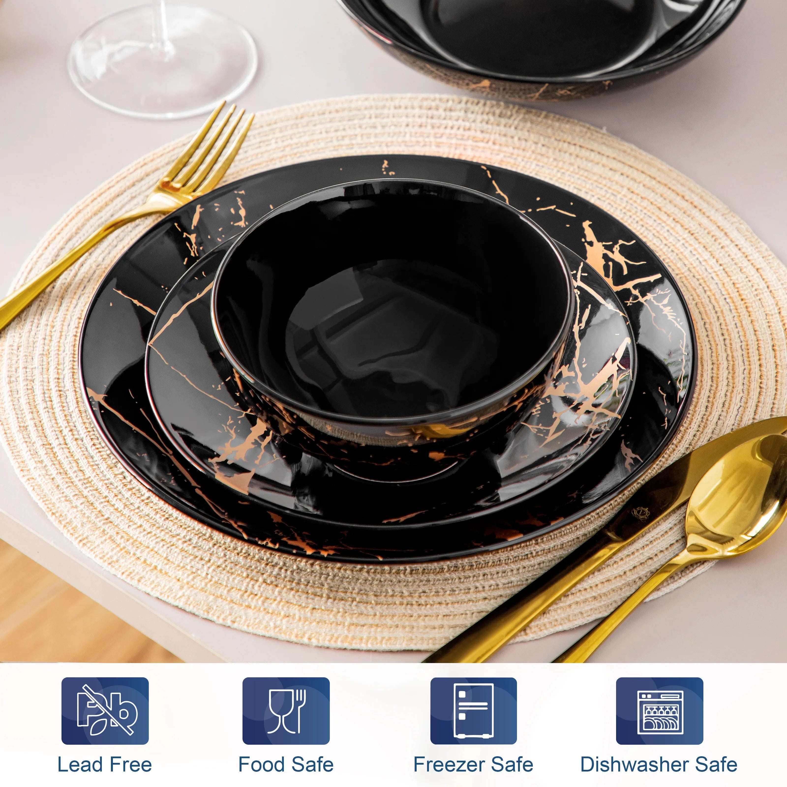 LOVECASA 24 pièces ensembles de vaisselle en glaçure dorée éclaboussures assiettes en porcelaine ensemble de dîner avec 6 pièces assiette à dîner/dessert/assiette à soupe/bol