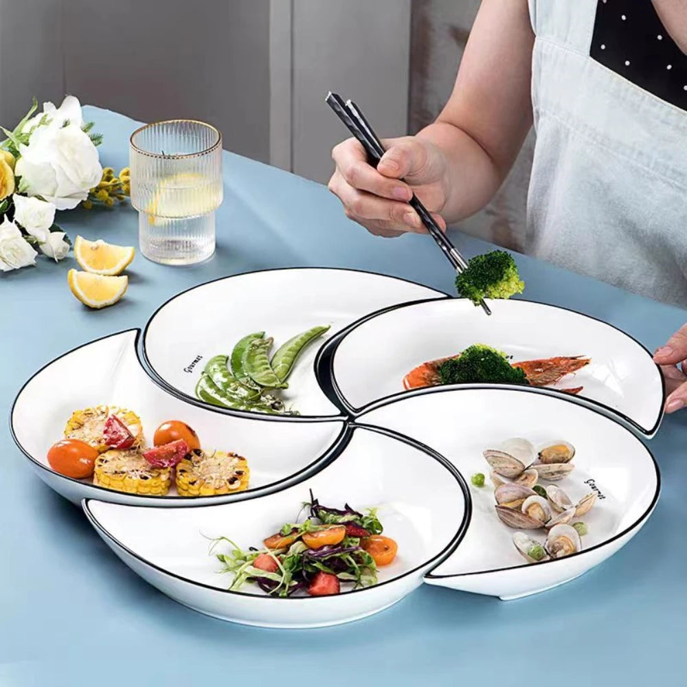 Service de vaisselle en céramique pour réunion, 5 pièces, assiette chaude en forme de lune, combinaison d'assiettes flexibles selon la consommation alimentaire