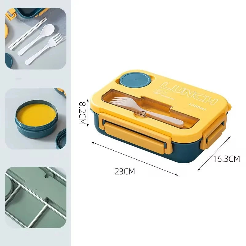 Boîte à lunch avec ustensiles de cuisine, micro-ondable, lave-vaisselle, livres, bento hermétique, étudiants, adultes, école, bureau, 1300ml, 4 grilles