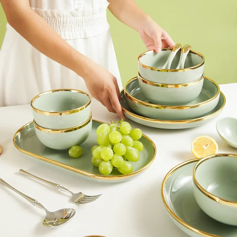 Assiettes en céramique vert clair, ensemble de vaisselle pour Steak, bol Ins, plats à dîner, vaisselle en porcelaine pour hôtel familial