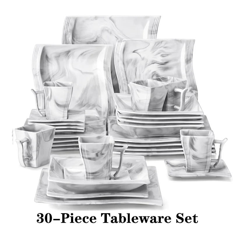 MALACASA FLORA 30/60 pièces ensemble de vaisselle en porcelaine grise marbre avec 6 pièces assiette à dîner/dessert/soupe/tasses et soucoupes ensemble de vaisselle