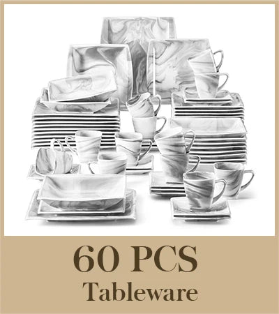 MALACASA .co.jp-Service de Vaisselle en Porcelaine Grise Marbré, avec 6 Assiettes à Dessert, à Soupe, à Queue, à Tasse, S/05, Service pour 12, 30/60 Pièces