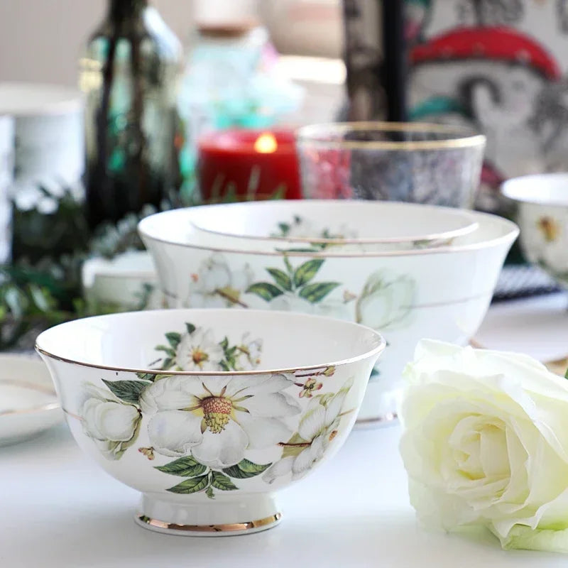 Vaisselle en porcelaine d'os, bols de riz en céramique pour la maison, plats, Pots à soupe, assiette profonde, assiette plate à Steak, vaisselle florale