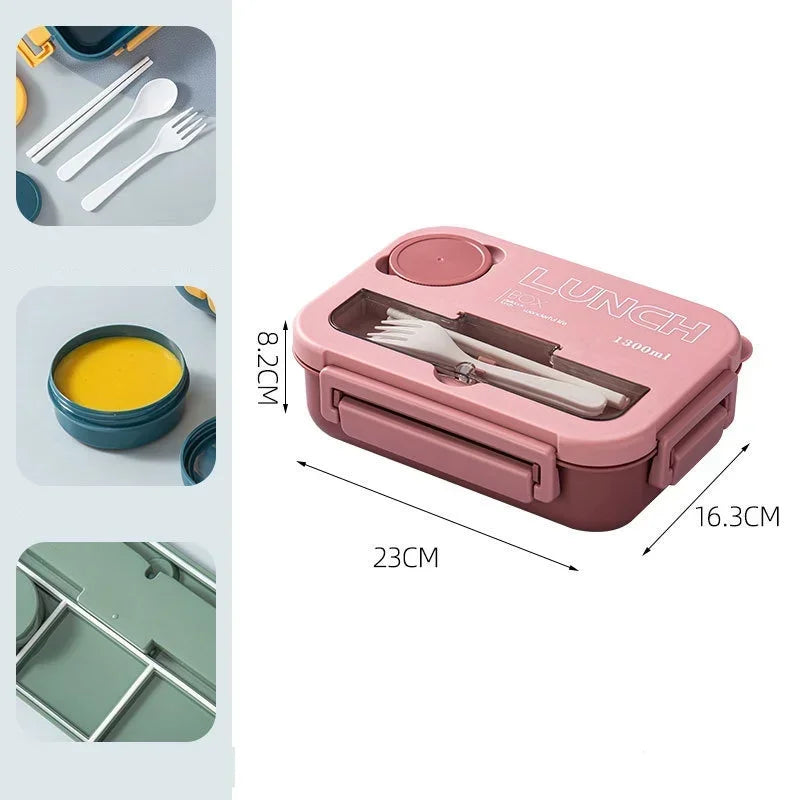 Boîte à lunch avec ustensiles de cuisine, micro-ondable, lave-vaisselle, livres, bento hermétique, étudiants, adultes, école, bureau, 1300ml, 4 grilles