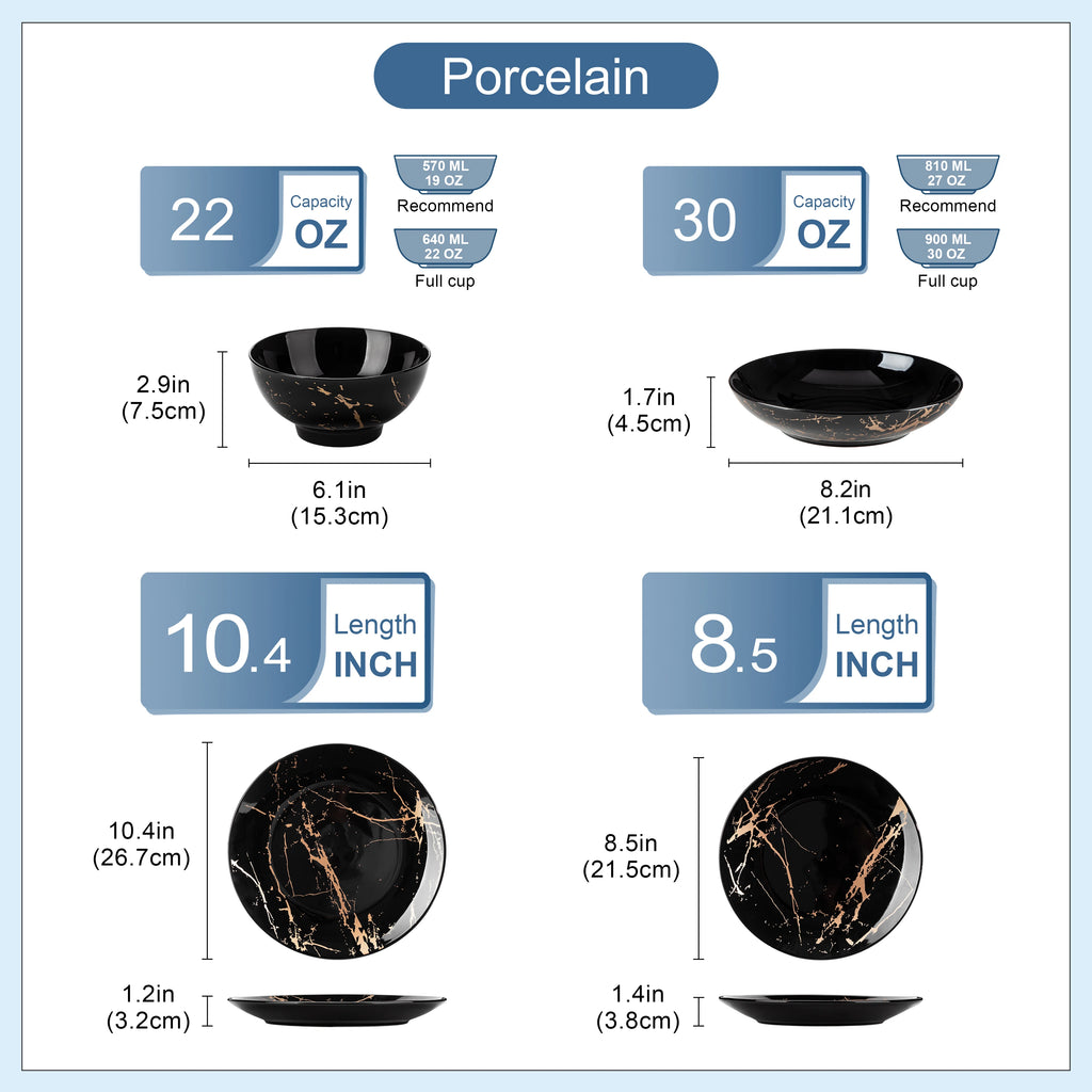 LOVECASA 24 pièces ensembles de vaisselle en glaçure dorée éclaboussures assiettes en porcelaine ensemble de dîner avec 6 pièces assiette à dîner/dessert/assiette à soupe/bol
