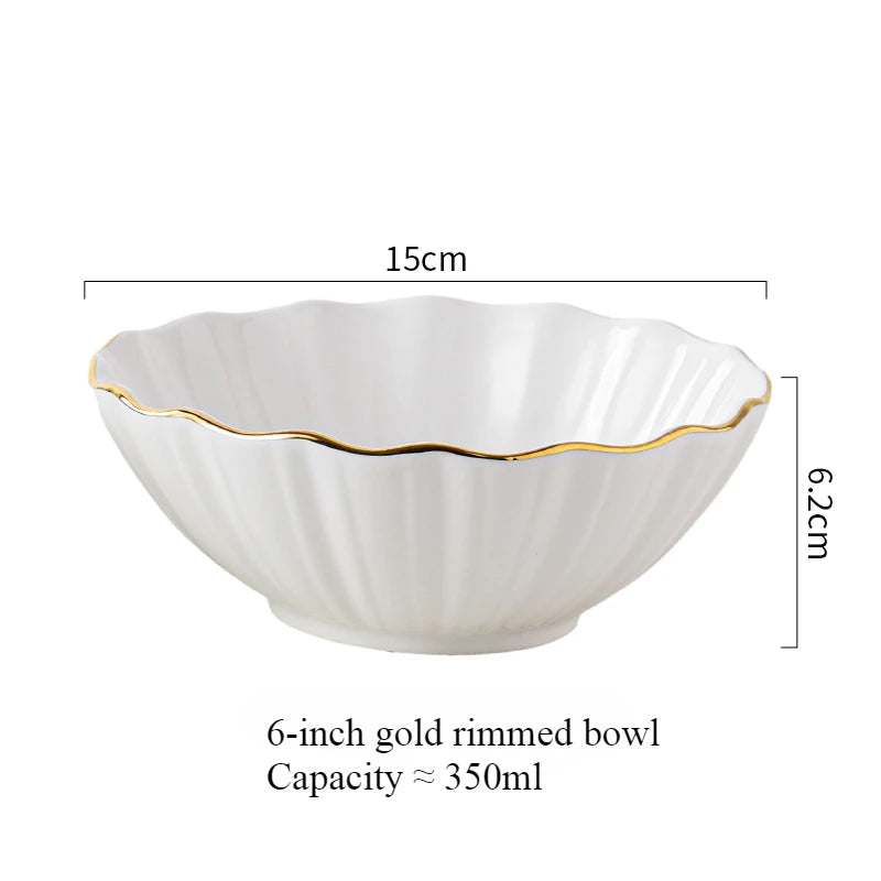 Filles en céramique européen haut de gamme à bords dorés, bol à salade de fruits, bol à riz domestique pour petit-déjeuner, vaisselle d'hôtel et de restaurant