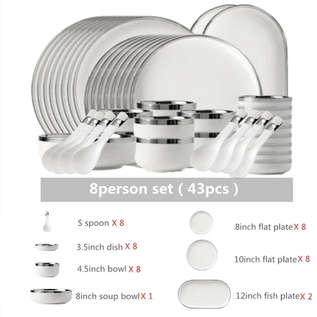Assiettes en céramique blanche avec assiette de service à Steak argenté, bols, plat à dîner, service de vaisselle en porcelaine pour hôtel familial