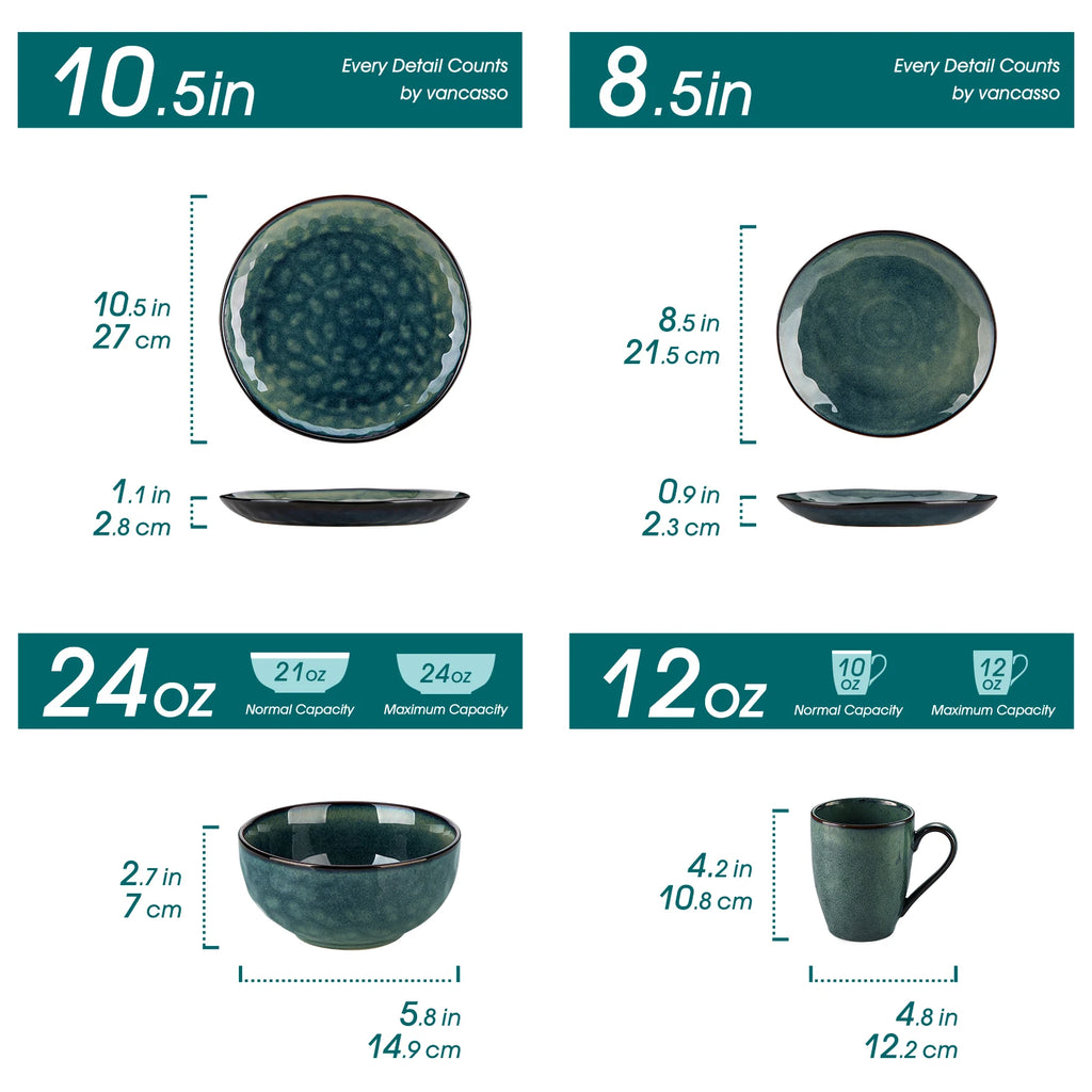 Service de table vert étoilé Vancasso 16/32 pièces, vaisselle en céramique effet four avec assiette plate, assiette à dessert, bol et tasse