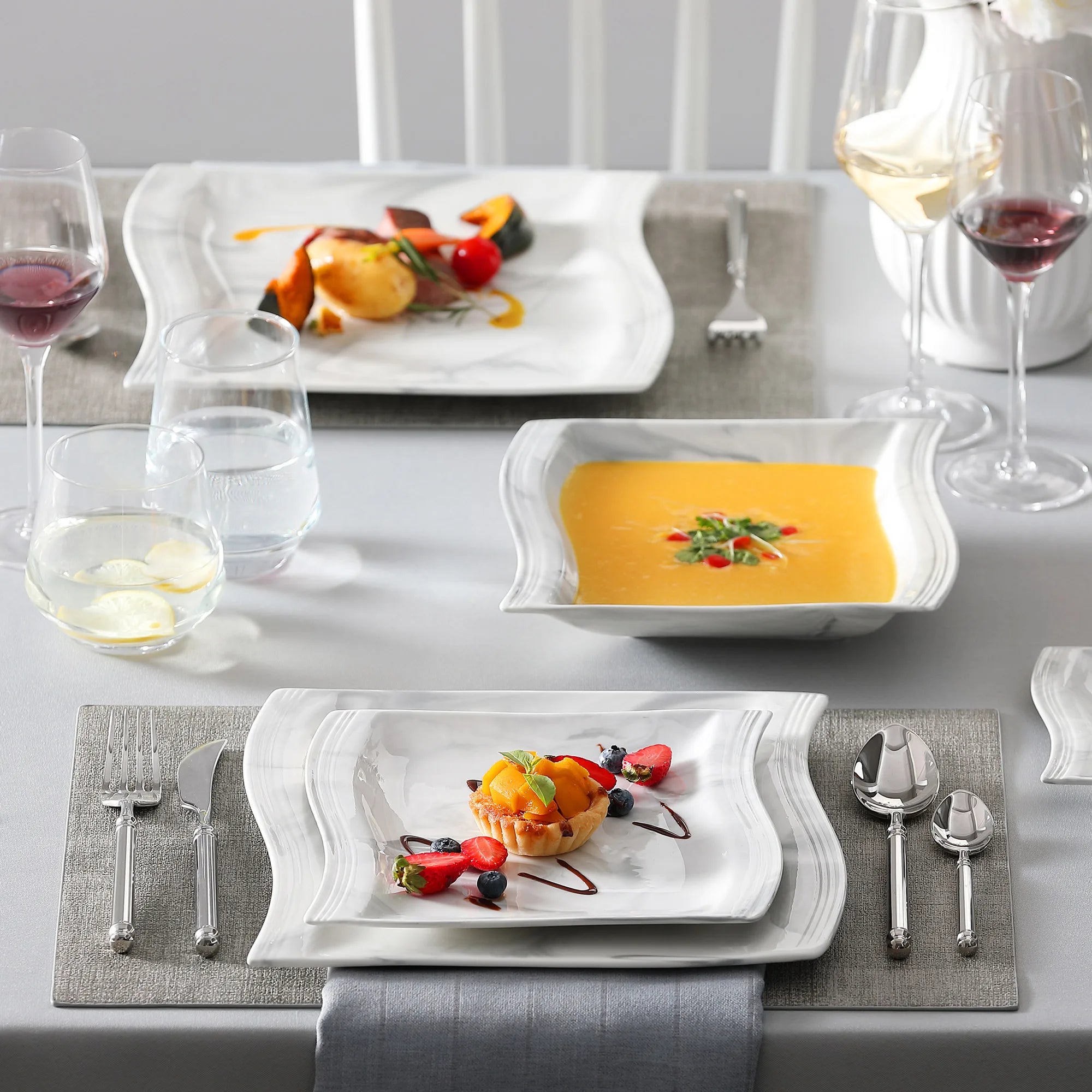 MALACASA FLORA 30/60 pièces ensemble de vaisselle en porcelaine grise marbre avec 6 pièces assiette à dîner/dessert/soupe/tasses et soucoupes ensemble de vaisselle
