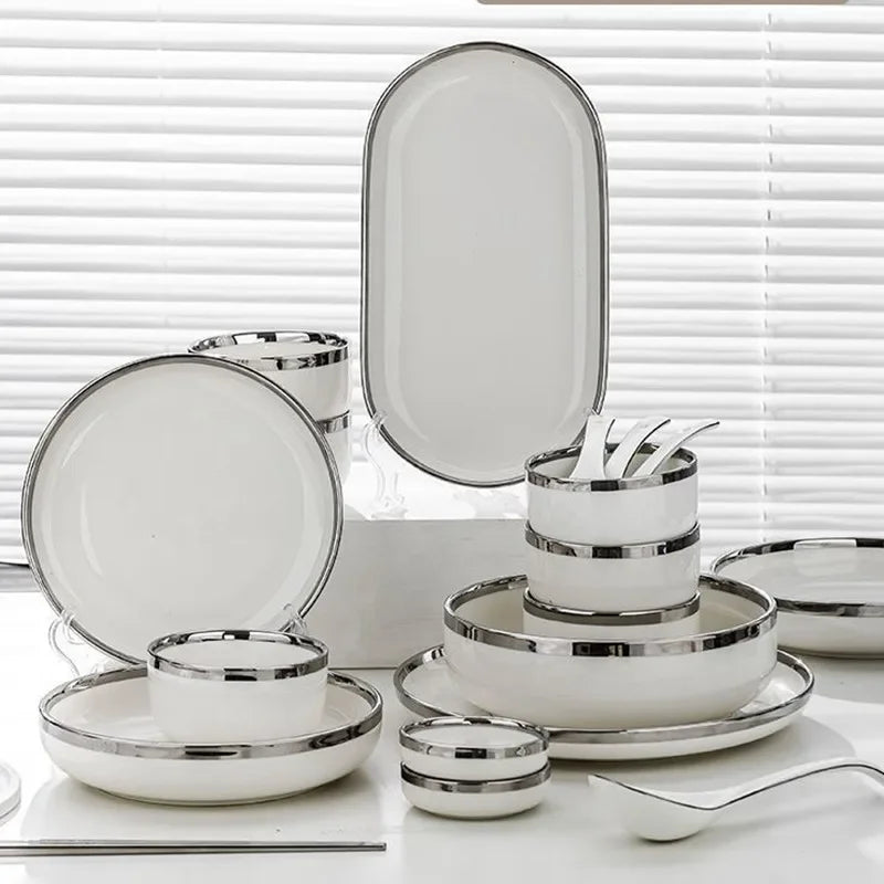 Assiettes en céramique blanche avec assiette de service à Steak argenté, bols, plat à dîner, service de vaisselle en porcelaine pour hôtel familial