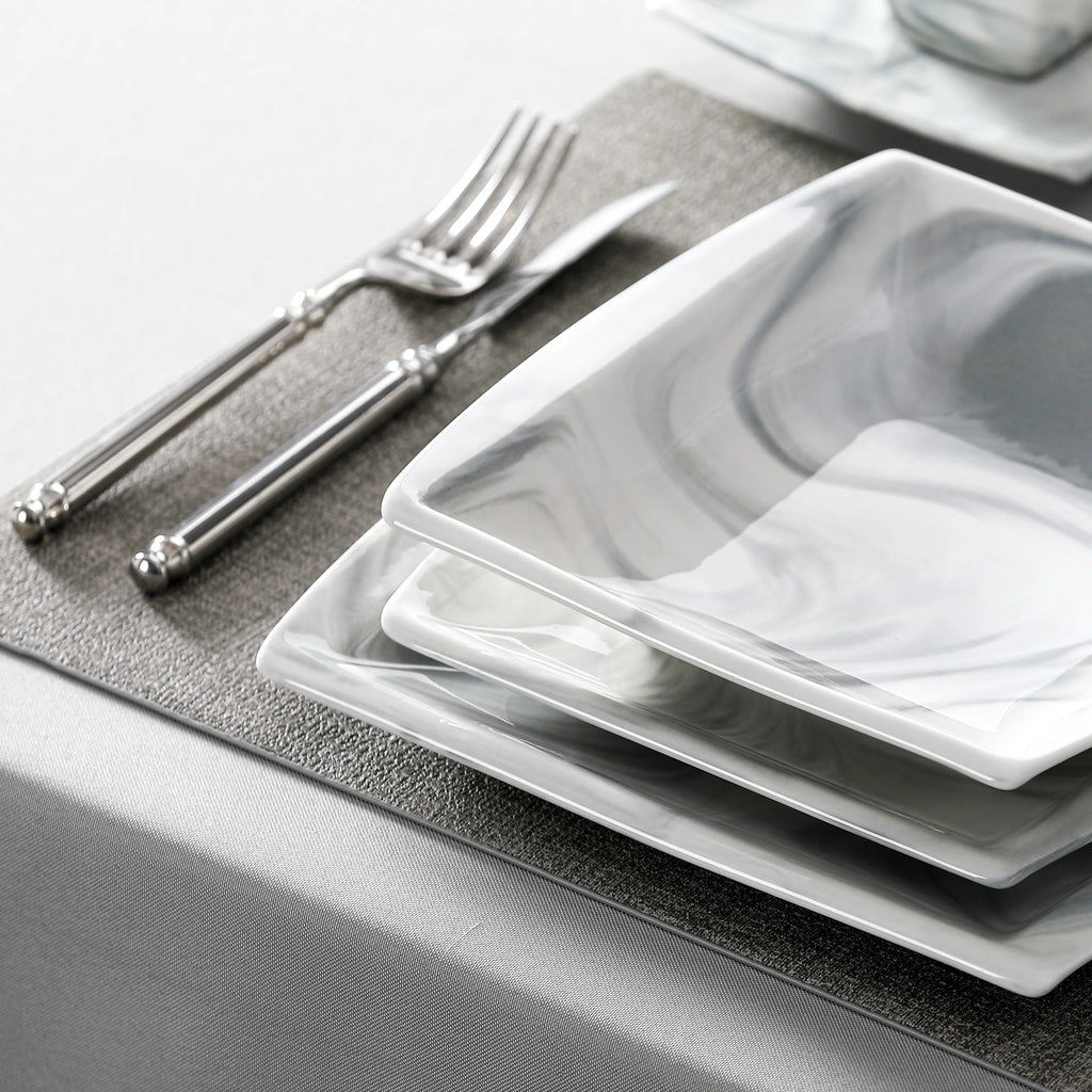 MALACASA .co.jp-Service de Vaisselle en Porcelaine Grise Marbré, avec 6 Assiettes à Dessert, à Soupe, à Queue, à Tasse, S/05, Service pour 12, 30/60 Pièces
