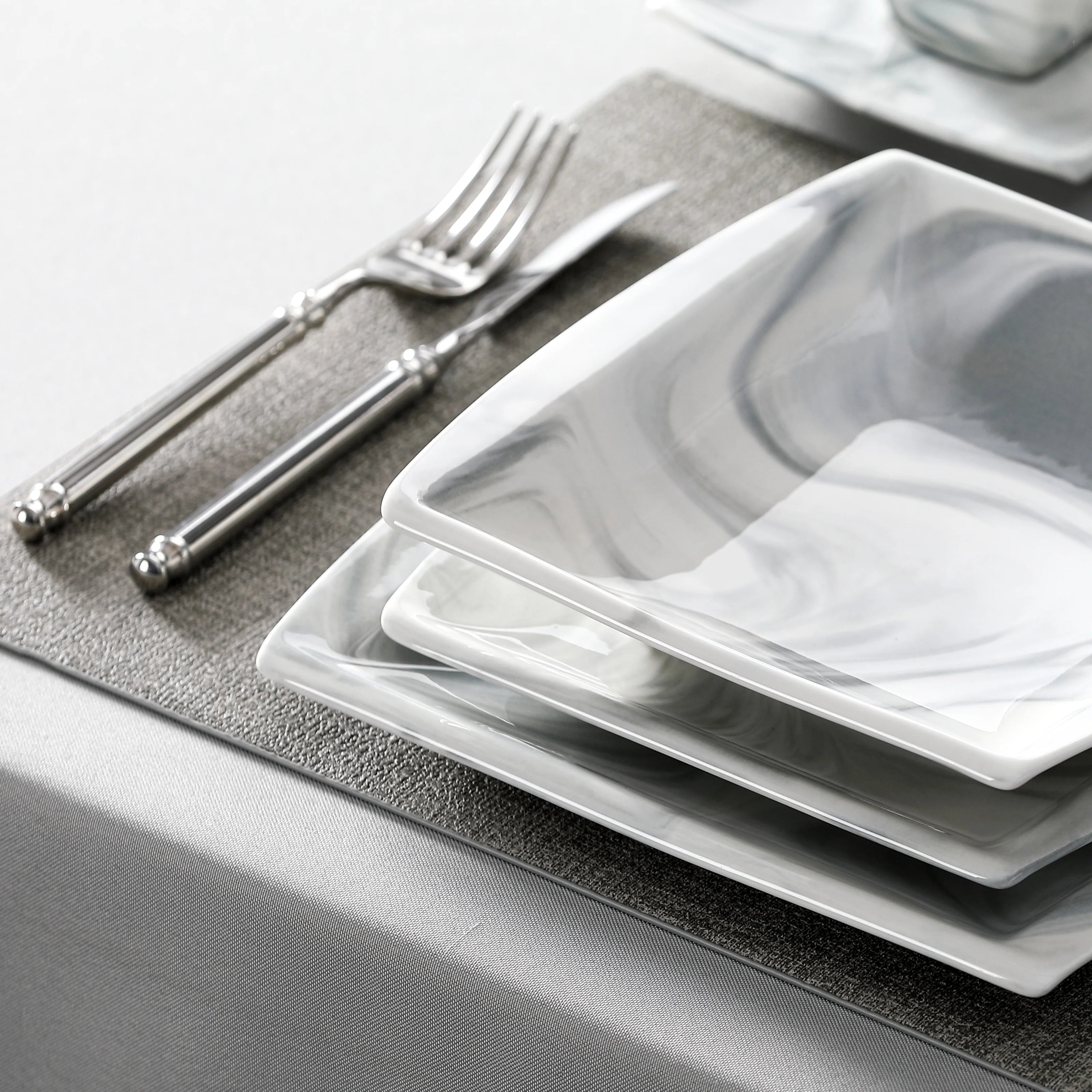 MALACASA .co.jp-Service de Vaisselle en Porcelaine Grise Marbré, avec 6 Assiettes à Dessert, à Soupe, à Queue, à Tasse, S/05, Service pour 12, 30/60 Pièces