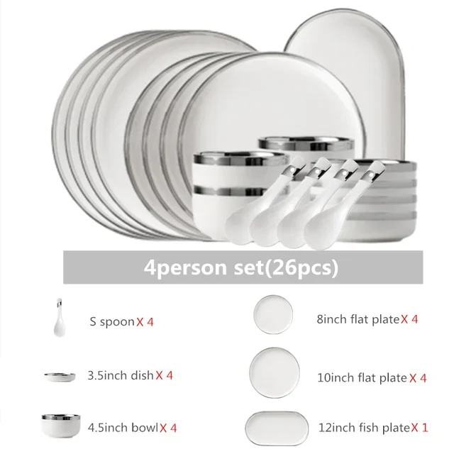 Assiettes en céramique blanche avec assiette de service à Steak argenté, bols, plat à dîner, service de vaisselle en porcelaine pour hôtel familial