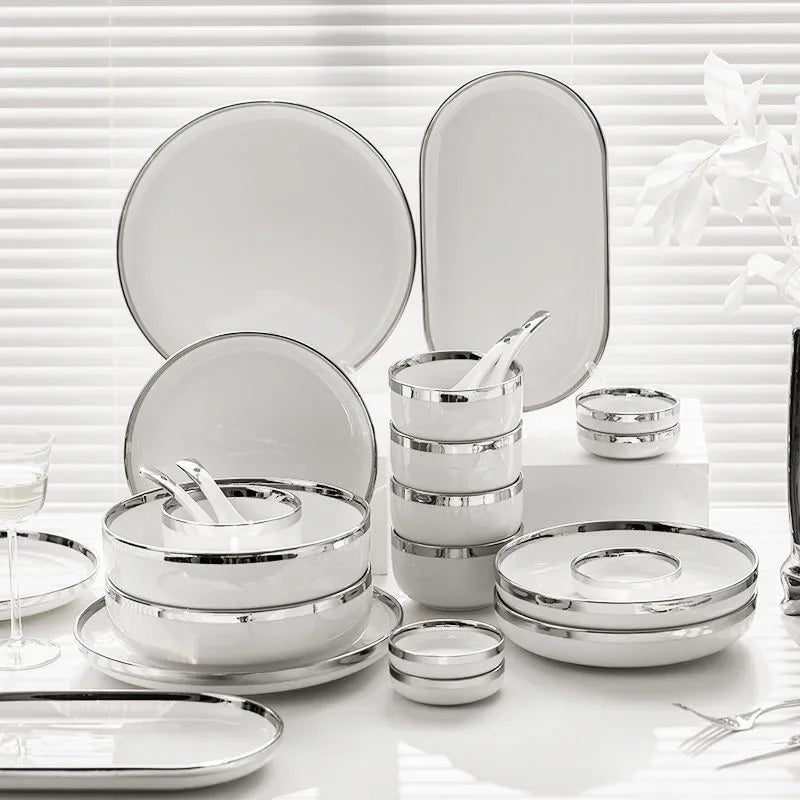 Assiettes en céramique blanche avec assiette de service à Steak argenté, bols, plat à dîner, service de vaisselle en porcelaine pour hôtel familial
