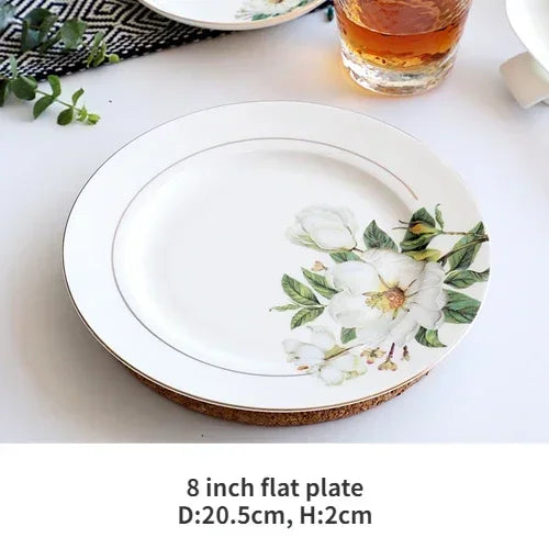 Vaisselle en porcelaine d'os, bols de riz en céramique pour la maison, plats, Pots à soupe, assiette profonde, assiette plate à Steak, vaisselle florale