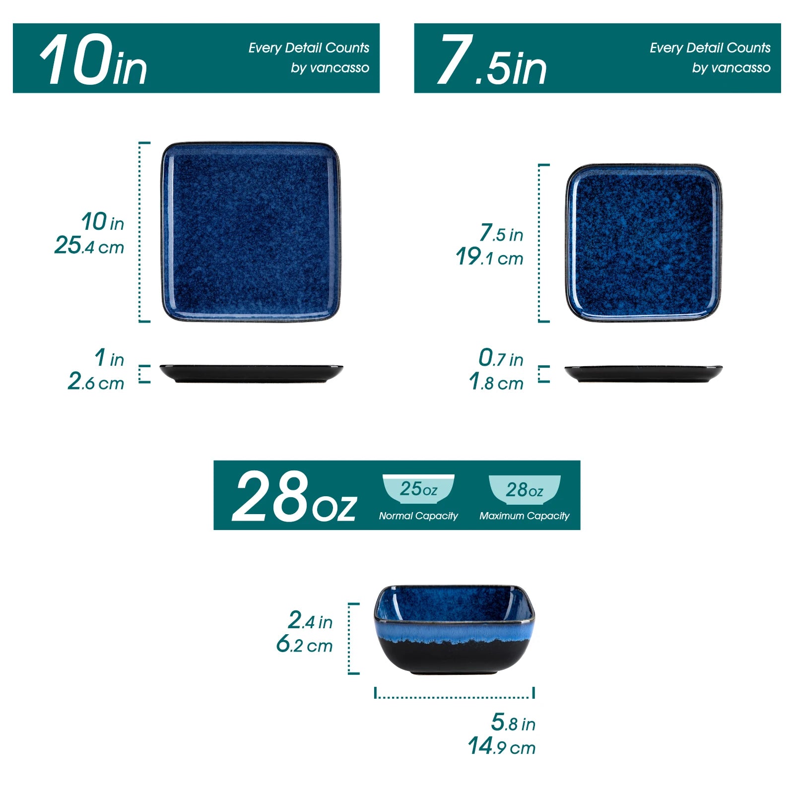 vancasso -Ensemble de rangement en céramique, carré bleu, glaçure réactive, avec 4/8/12 pièces, assiettes à dessert et bols, 12/24/36 pièces