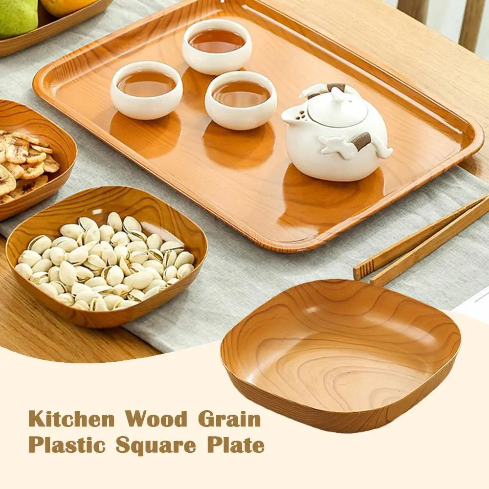 Assiette carrée en Imitation de Grain de bois de cuisine, ensemble de plats à Grain Simple japonais pour vaisselle, bol de cuisine, vaisselle, fournitures de cuisine