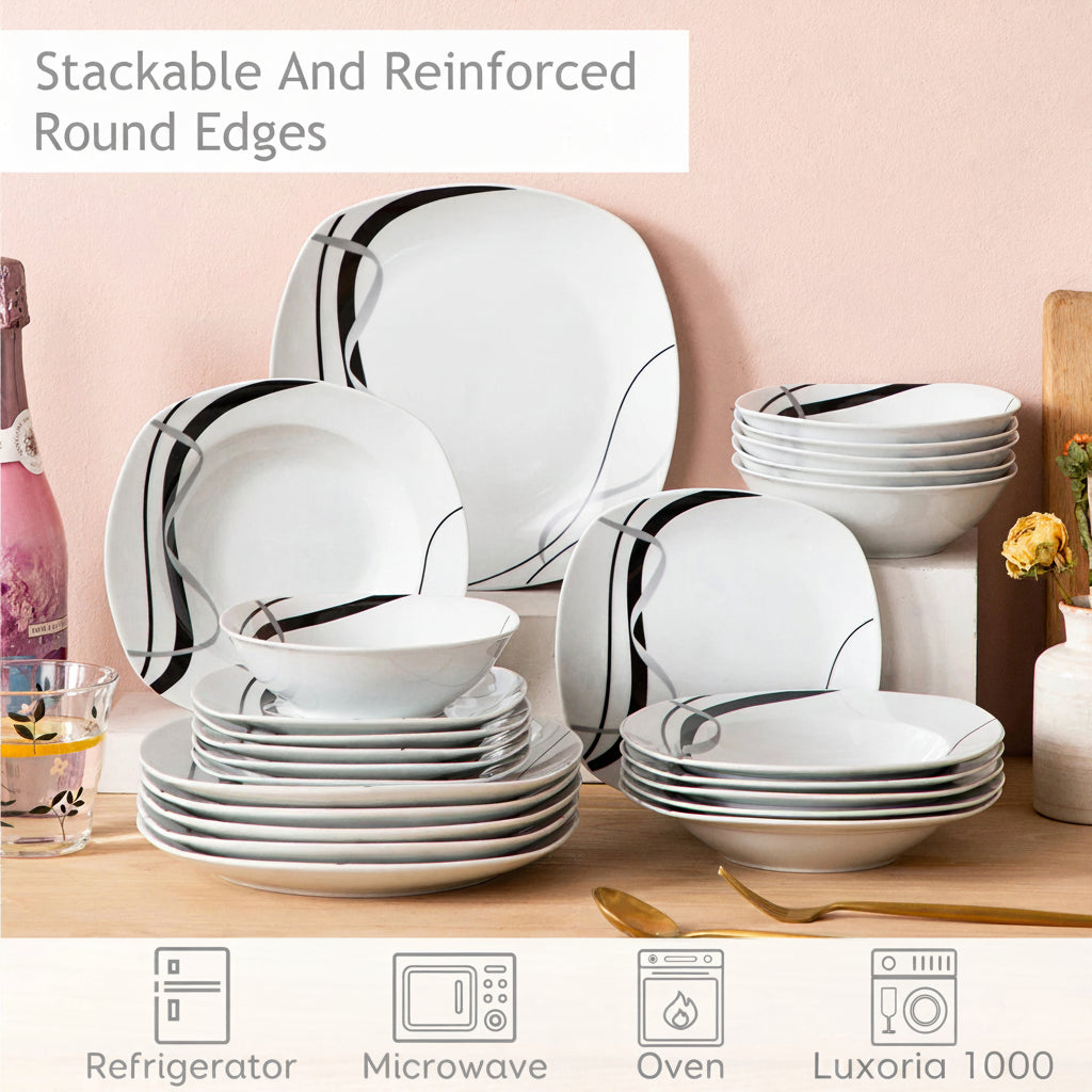 VEWEET FIONA-Service de vaisselle de cuisine en porcelaine, 18/36 pièces, en céramique, ligne noire, avec quePlate, dessert, soupe