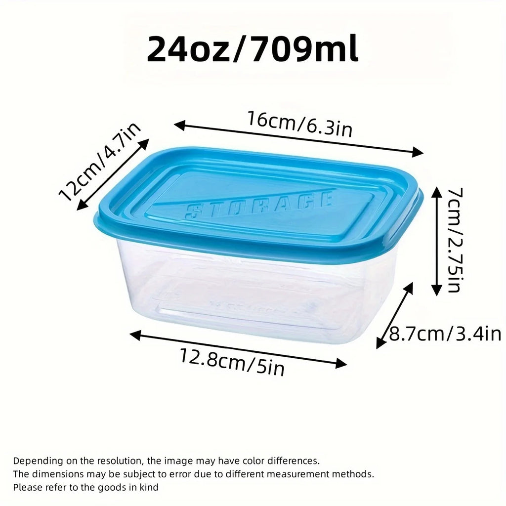 Un ensemble de 6 récipients de conservation des aliments en plastique transparent empilables avec couvercles bleus et marquages de mesure-réutilisables, lave-vaisselle et