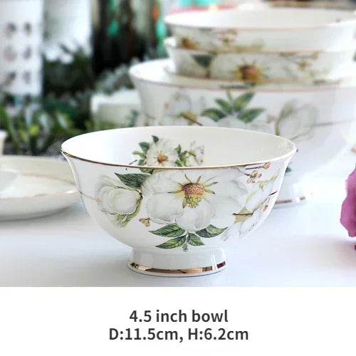 Vaisselle en porcelaine d'os, bols de riz en céramique pour la maison, plats, Pots à soupe, assiette profonde, assiette plate à Steak, vaisselle florale